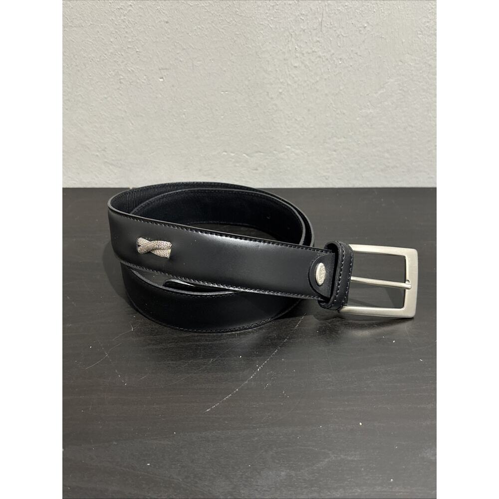 Nanni Italy Black Leather Belt Silver Solid Brass Buckle Cross Mesh Inlay 95/38
